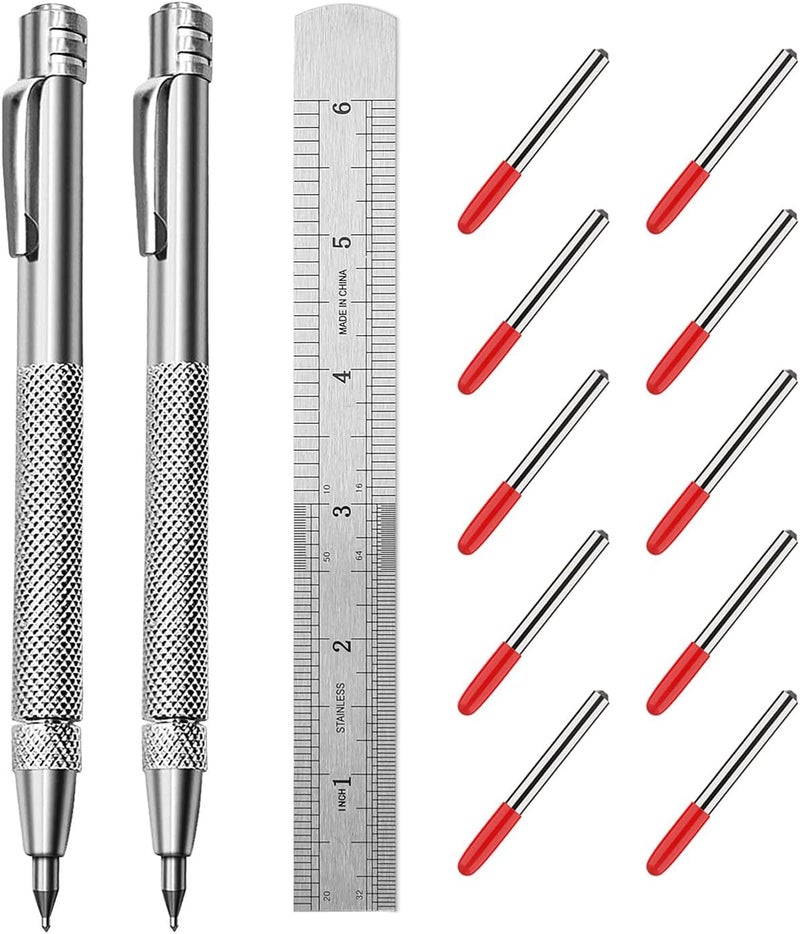 Ofasixx 2 Pack Tungsten Carbide Tip Scriber Tool with 10 Refills 1 Ruler, Metal Scribe Scriber Marking Tools with Magnet, Premium Etching Engraving Pen for Metal Sheet/Glass/Wood/Leather - Image 1